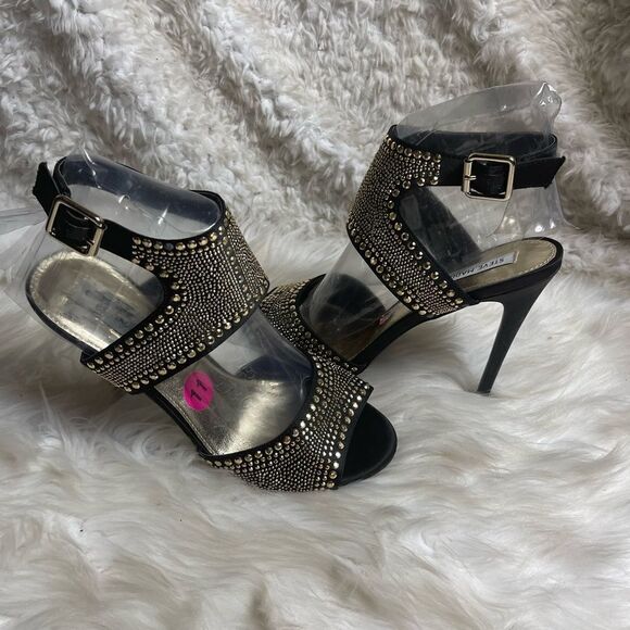 Steve Madden black satin fabric& gold tone studded ankle strap sandals SZ11 - Picture 6 of 13